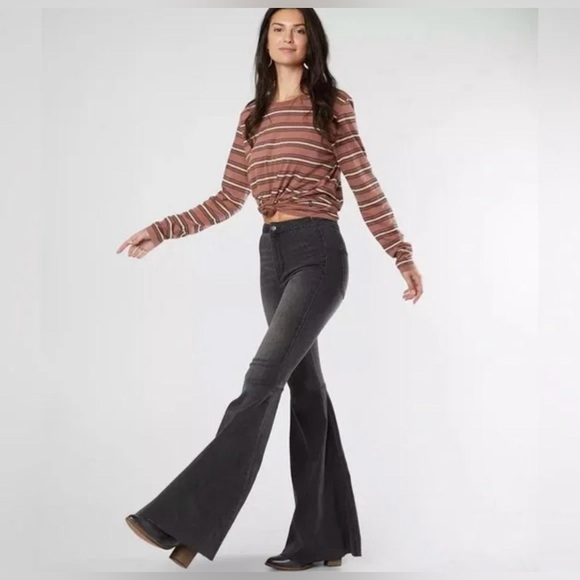 Free People Denim - Free People Women’s Black Flare Bell Bottom Denim Jeans Raw Hem Size 26